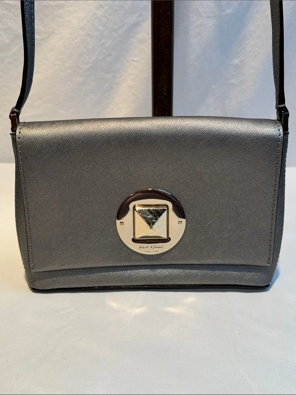 kate spade Metallic Silver Saffiano Leather Crossbody Bag